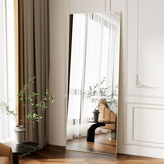 69"x24" Full Length Mirror, Gold Tempered Glass Rectangle Floor Standing Mirrors, Wall Mounted Hanging Aluminum Alloy Frame Bedroom Floor