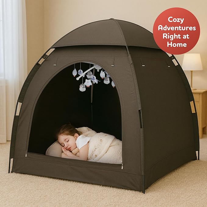 YoungMinds Blackout Baby Crib Tent - Waterproof Sleep Pod Fits for Travel Pack and Play, Milk Silk Fabric, Kids Black Out Cover Mosquito Net Tent with Toy Holder, Pack N Play Canopy Blocks 100% Light