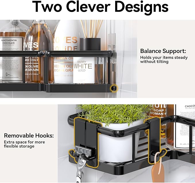 YASONIC Corner Shower Caddy Organizer, 3-Pack Adhesive Rustproof Stainless Steel Shower Shelves with Soap Holder, No Drilling Shower Storage Rack for Family Renters Bathroom, Black