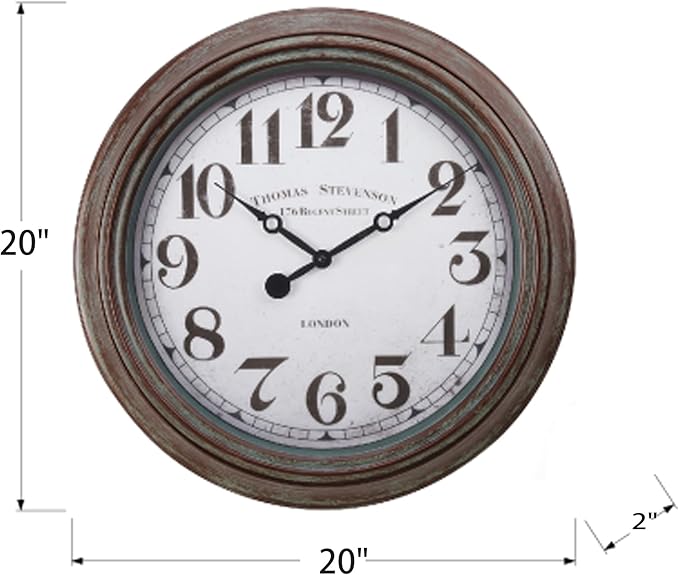 20 Inch Retro Farmhouse Wall Clock, Vintage Silent Non-Ticking, Battery Operated Decorative Clock for Living Room, Kitchen, Bedroom, Office and Home Decor, Bronze White Arabic Number