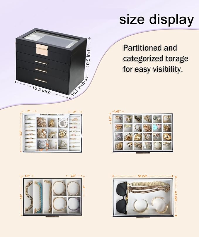 BOOVO Jewelry Boxes for Women, White and Black 4 Layer Large Jewelry Box for Necklace, Bracelet, Earrings, Rings Storage, Jewelry holder Organizer for Girls Gift (Clear Black, 4 layer)
