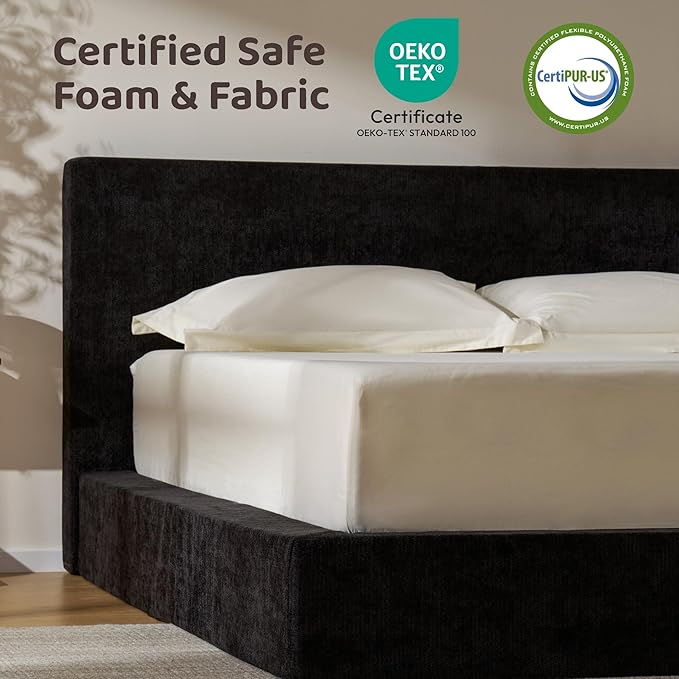 RECCI Cloud Upholstered King Bed Frame with Headboard, 5 Inch Foam Padded Platform, No Box Spring, Easy Assembly (Onyx)