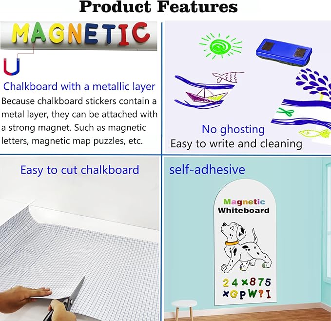 Magnetic Whiteboard Wall Arch Decal 40" x 17.3" Adhesive Dry Erase White Board Sticker with 36 Magnetic Letter for Kid Removable Contact Paper Peel and Stick Whiteboard Wallpaper Roll