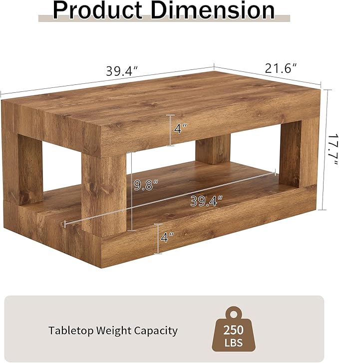 39.37" Coffee Table with Storage, 2-Tier Mid Century Rectangular Accent Table with Thick Tabletop, Rustic Style Cocktail, Center Table for Living Room, Office, Apartment (Natural Wood)