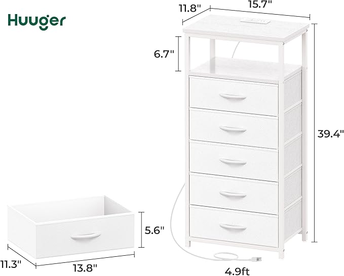 Huuger White Dresser with 5 Drawers & Charging Station, Tall Dresser for Bedroom, Tall Night Stand with PU Leather Finish, Open Shelf, Nightstand for Bedroom, Closet, Hallway, Entryway