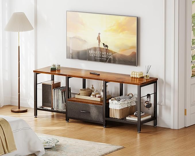 Casaottima 47" TV Stand with Open Storage Shelves up to 55 Inch TVs, Entertainment Center with Fabric Drawers, TV Console Table with Soundbar Shelf TV Stand for Living Room Bedroom, Vintage and Black