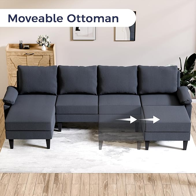 FONTOI U Shaped Sectional Couch, Convertible Modular Sectional Sofa with Chaise & Ottomans, Modern 6 Seat U Shaped Couches for Living Room Apartment, Blue