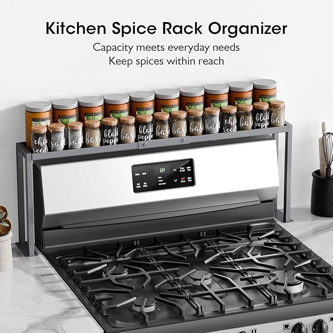 Bumusty Spice Rack Shelf for Kitchen Stove, 32" Stove Top Shelf, Adjustable Oven Spice Rack, Seasoning Organizer Kitchen Shelves, Grey