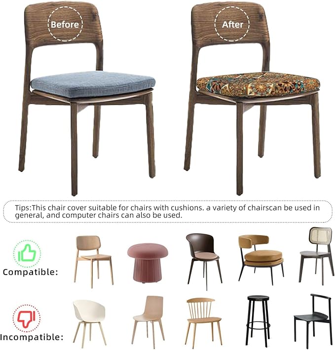 Seat Covers for Dining Room Chairsset of Set of 6, Colorful Vintage Bohemian Boho Mandala Floral Stretch Chair Seat Covers Cushion Slipcovers for Kitchen Office