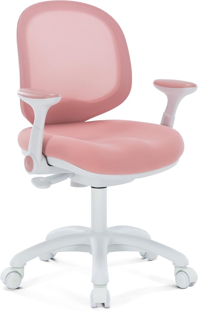 Kids Desk Chair, Boy's Girl's Child Children Study Office Computer Chair, Ergonomic Design, Adjustable Height and Seat Depth (Peach Pink W/Armrests)