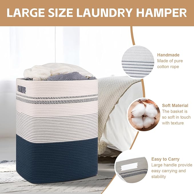 Laundry Hamper, Large Woven Rope Tall Laundry Basket with Handles, 22" X 17" X 13", Decorative Storage Basket for Clothes and Blankets in Living room, Bedroom, Dark Blue& White
