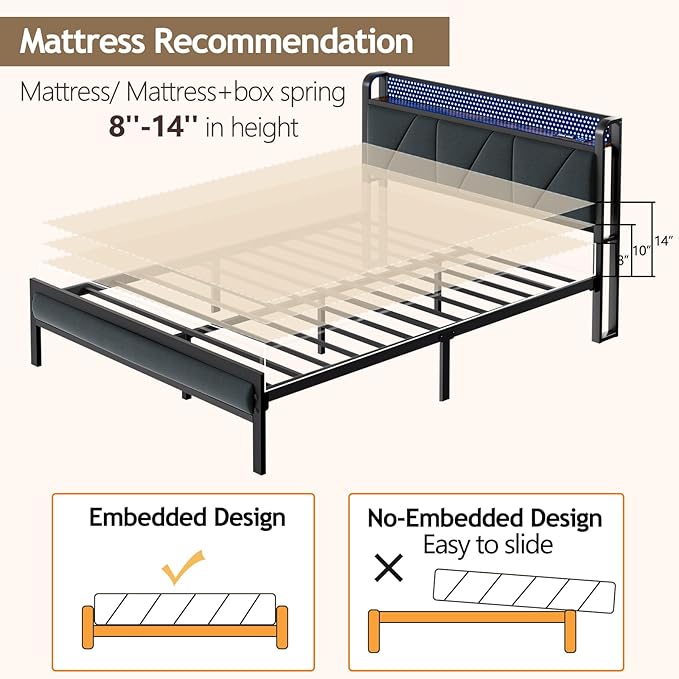 Furnulem Full Bed Frame with LED Lights,Headboard with Charging Station and USB Port,Upholstered Platform Bedframe Metal Support,No Box Spring Needed