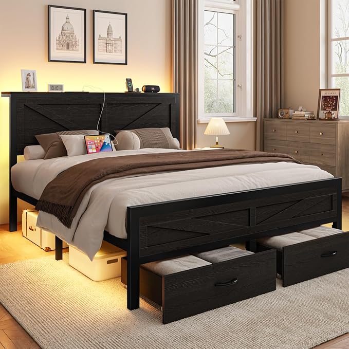 Rustic Queen Bed Frame with Storage Drawers and Barn Door Headboard, Farmhouse LED Bed Frame Queen Size with Charging Station, Metal Industrial Platform Bed Frames, No Box Spring Needed, Black