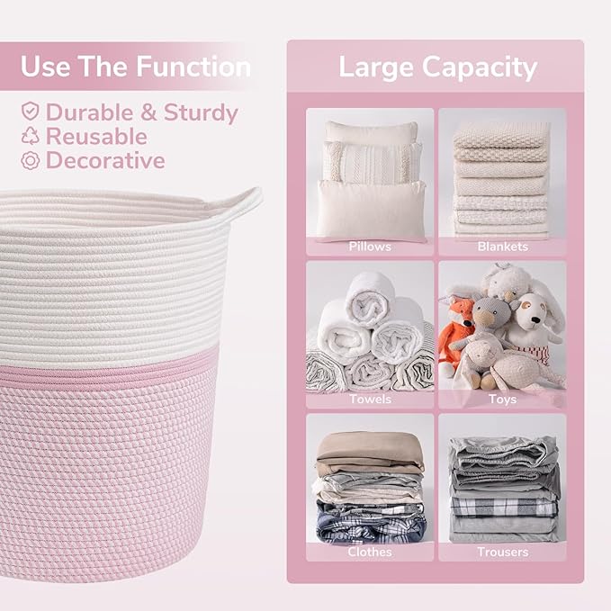INDRESSME Cotton Basket 17¾ x 15¾ x 13¾ inches Woven Hamper Pink Girl Basket for Gift Toy Blanket Corner Baskets in living Room