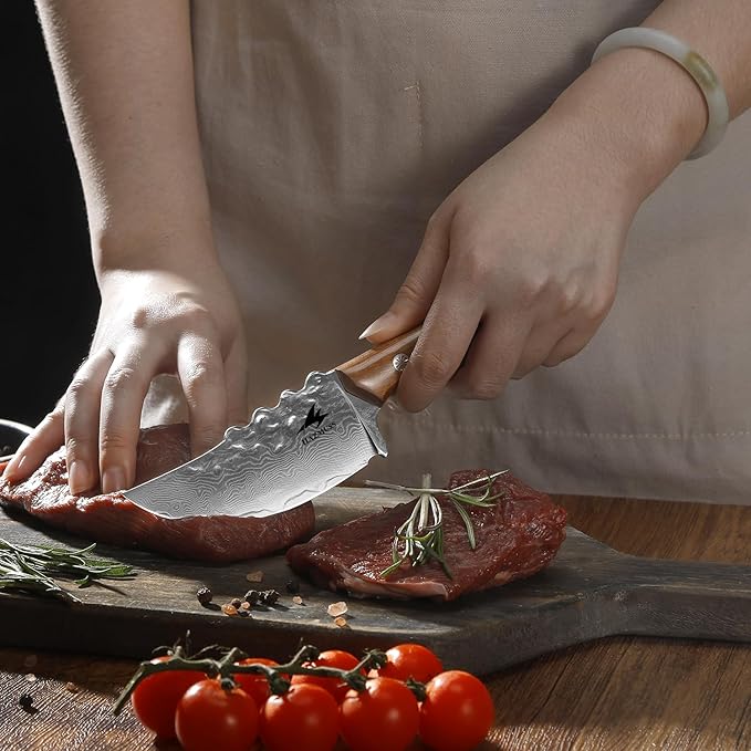 Damascus Utility Knife with Sheath - Kitchen Knife - 3.8" Damascus Steel Blade with Ergonomic Wooden Handle, Full Tang for Outdoors & Kitchen