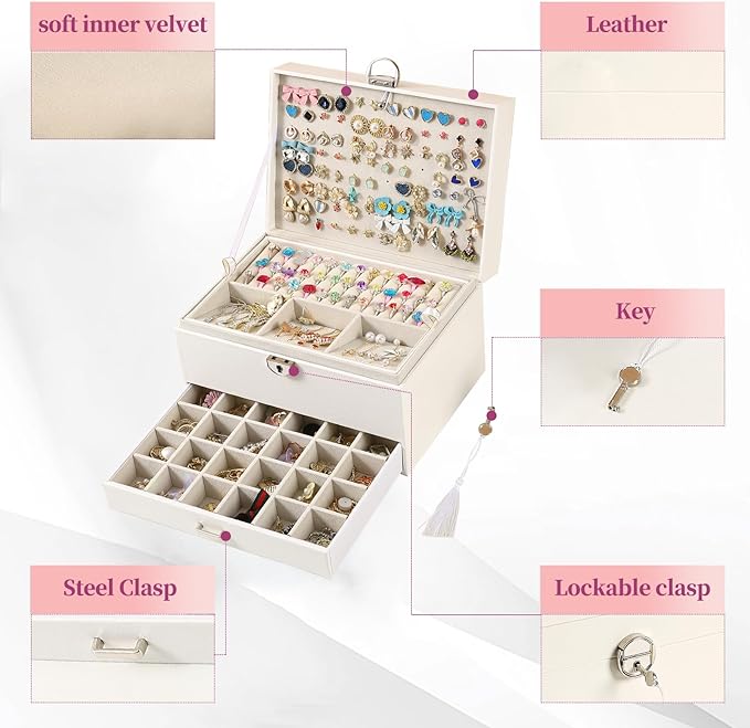 BOOVO Earring Jewelry Box For Women Girl Stud Organizer, 5 Layers Girl Jewelry Organizer Box With Lock Earring Holder Organizer Necklace Ring Jewelry Organizer Box For Girls (White, 5 layer)
