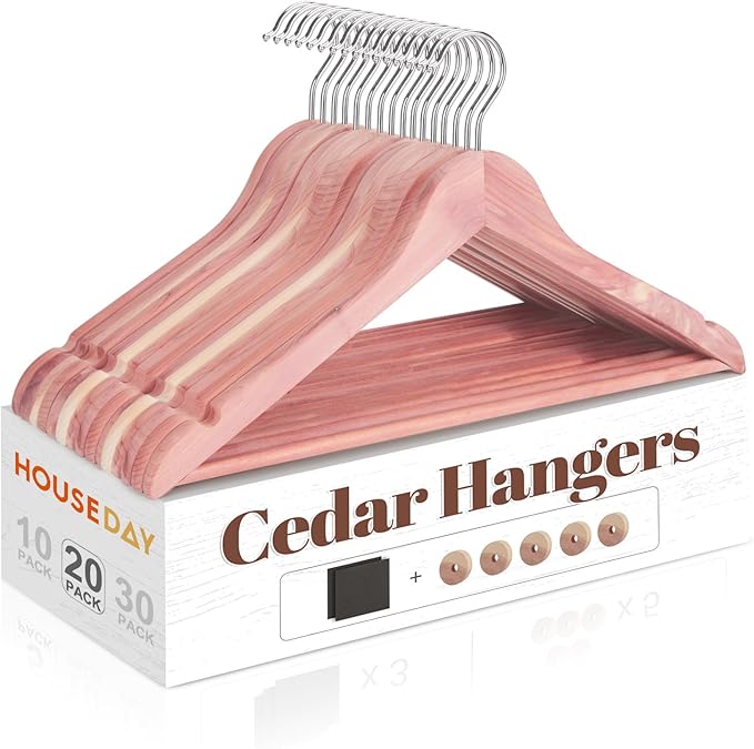 HOUSE DAY Cedar Hangers for Closet 20 Pack, Smooth Cedar Wood Hangers with Rings, 360° Swivel Hook, U-Shape Notched, Non Slip Pant Bar, Sturdy Wooden Clothes Hanger for Coats, Dresses, Suits