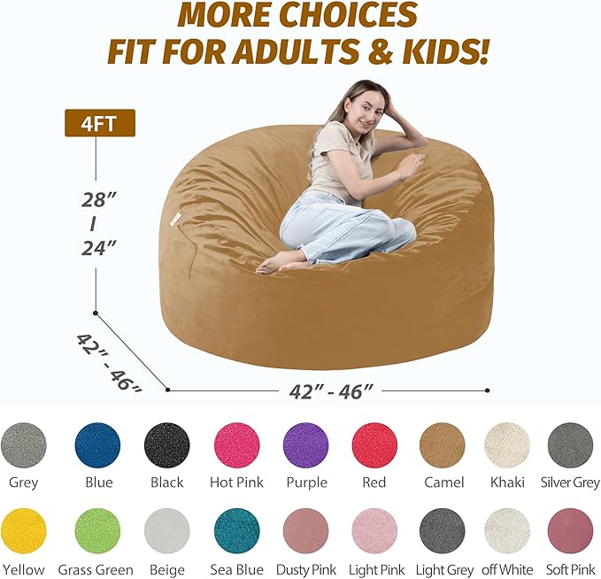 4FT Bean Bag Chair with Ultra Soft Velvet Cover Bean Bag Sofa with Memory Foam Bean Bag Chairs with Large Size Lazy Sofa for Dorm Office Living Room Bedroom Camel 4'