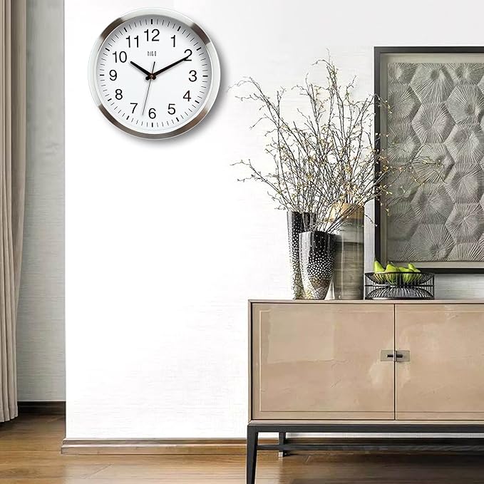 HITO 14" Silent Wall Clock Battery Operated Non Ticking Sweep Movement Glass Cover Silver Aluminum Frame, for Kitchen, Bedroom, Home Office, Living Room Decor