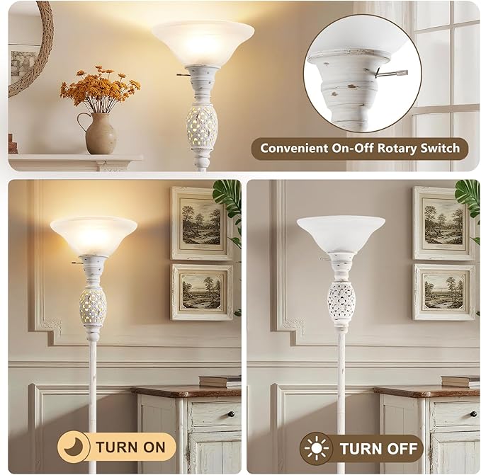 70" Floor Lamps for Living Room with Nightlight, Torchiere Floor Lamps Standing Lamp with Glass Shade, Vintage Floor Lamp with Rotary Switch,Tall Lamps for Home, Bedroom, Office, Corner,Bulb Included
