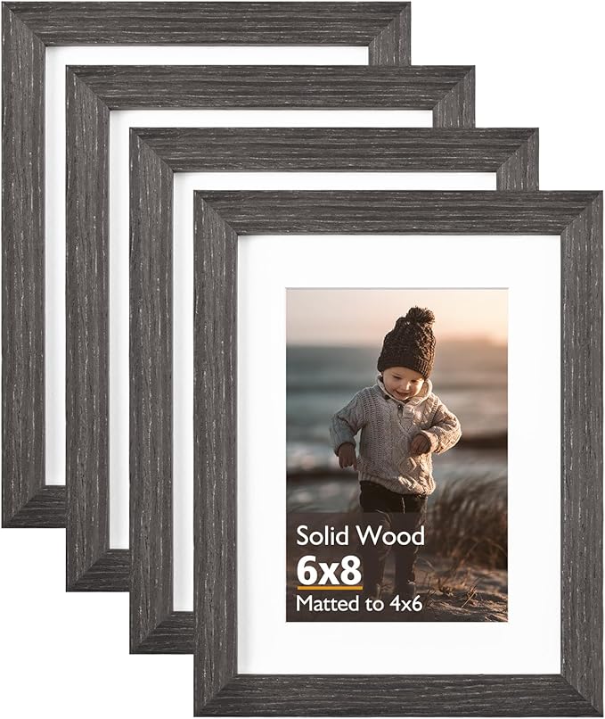 KINLINK 6x8 Picture Frame Ash Black, Solid Wood Frames with Acrylic Plexiglass for Pictures 4x6 with Mat or 6x8 without Mat, Tabletop and Wall Display Photo Frame, Set of 4