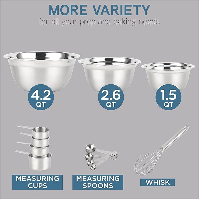 COOK WITH COLOR Stainless Steel Mixing Bowls Set - Nesting Bowls with Non-Slip Bottom and Easy-Grip Handles, Silver, 12 Pieces