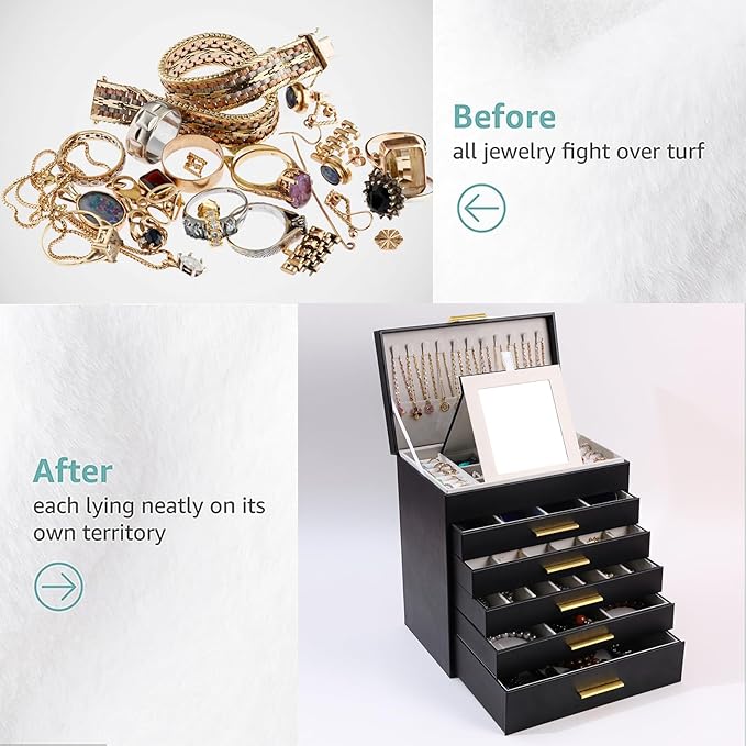 BOOVO Jewelry Box with Necklace Hanger – Jewelry Organizer for Women with 5 Drawers, Large Jewelry Storage Boxes –Jewelry Organizers and Storage for Earrings, Necklaces (Black, 6 layer)