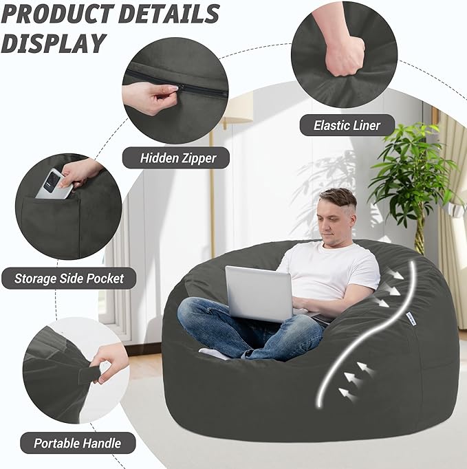 3FT Bean Bag Chair with Ultra Soft Velvet Cover Bean Bag Sofa with Memory Foam Bean Bag Chairs with Large Size Lazy Sofa for Dorm Office Living Room Bedroom Grey 3'