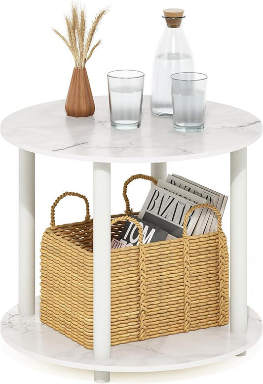 Furinno Turn-N-Tube Simple Design 2-Tier Round Wooden Small Coffee Table, Marble White
