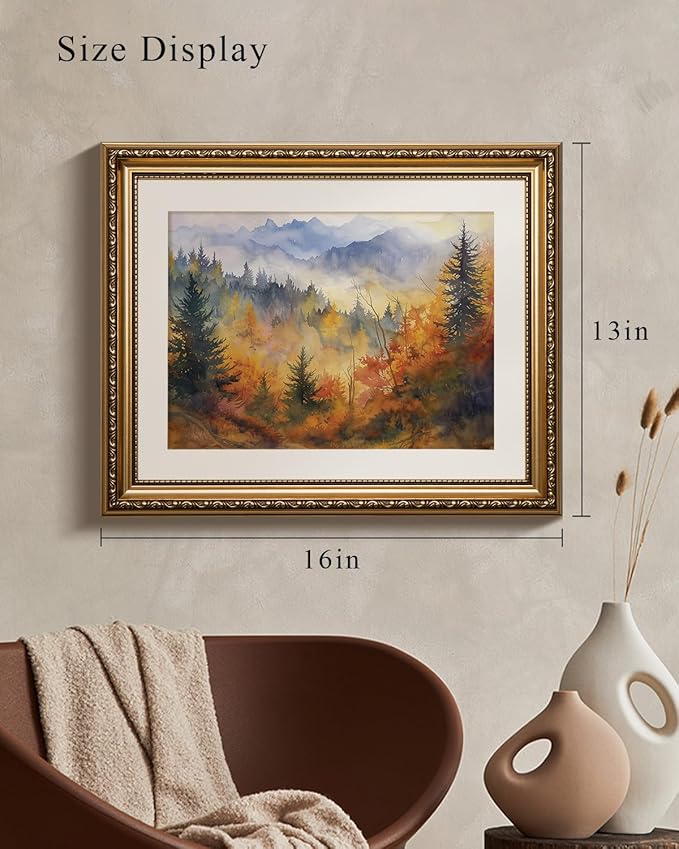 VIYYIEA Gold Framed Wall Art Canvas Print Home Decor Vintage Fall Scenery Bathroom Wall Decor Aesthetic Rustic Fall Wall Art for Kitchen Office Bedroom Autumn Forest Landscape Room Decor 13x16in