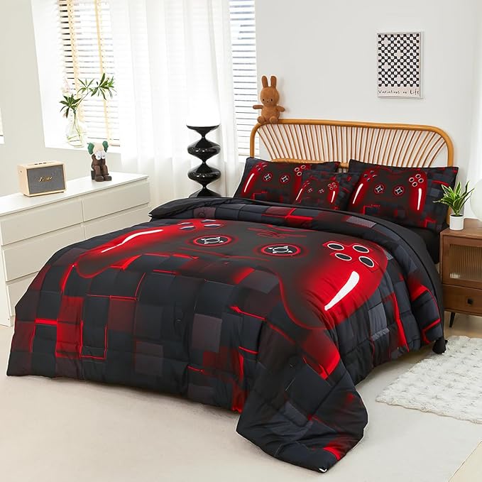 PERFEMET 6-Piece Boys Comforter Set Full Size Game Console Bedding Set for Kids Teen 3D Black and Red Gamepad Gaming Bed in a Bag Matching Sheet Set(Red, Full)
