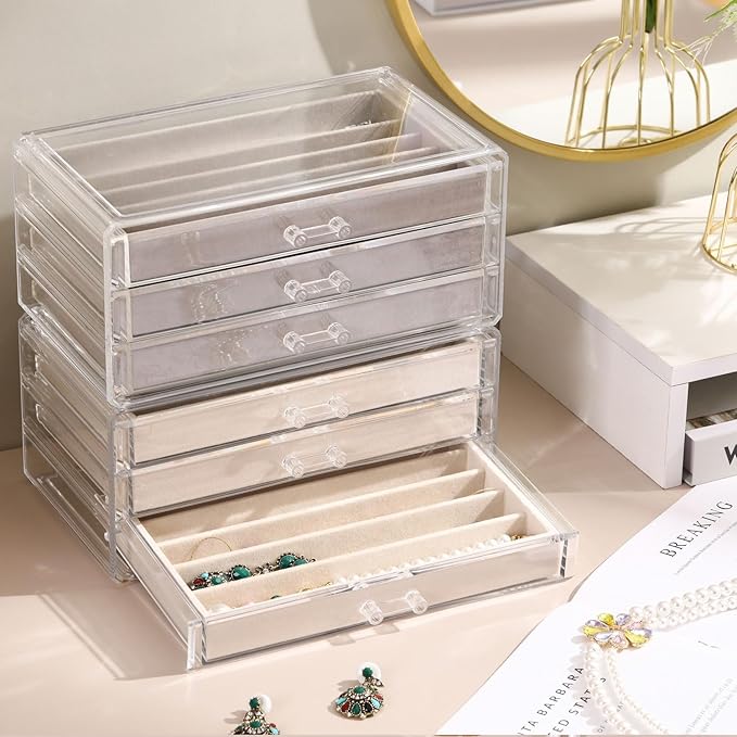 Necklace Organizer Box, Tray with Clear Lid, Dustproof Velvet Necklaces Holder Storage Display Case, Necklace Tray Drawer Insert for Pendant Suitable for Women and Girls (Grey)