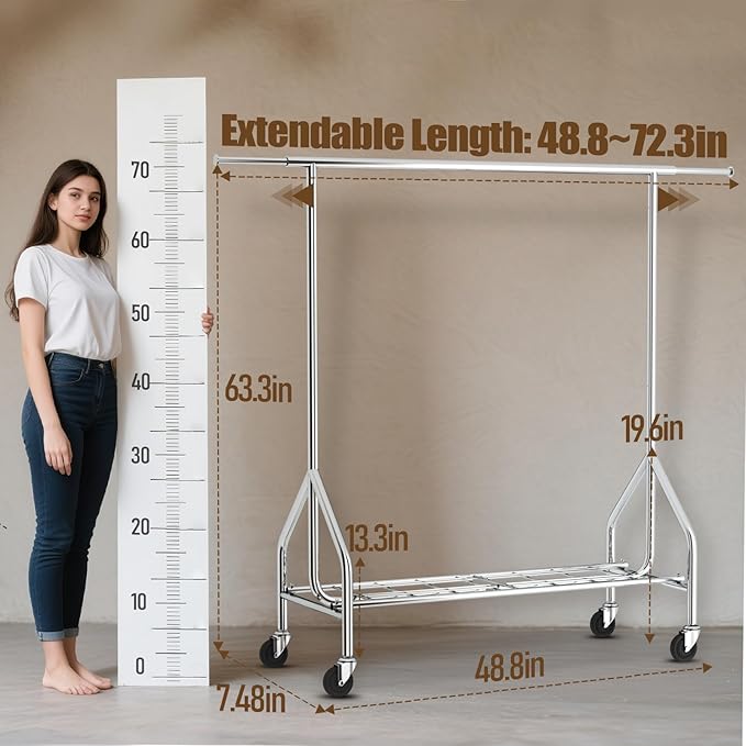 Heavy Duty Clothes Rack Load 500 LBS,Clothes Clothing Racks for Hanging Clothes with Lockable Wheels & Stable Shelves, Rolling Garment Wardrobe Portable Closet Rack,Sliver