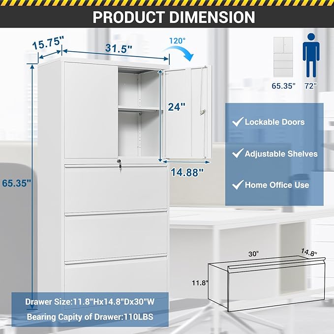 3 Drawers Metal Lateral File Cabinet with Lockable Drawer and Dorrs - White Large Steel Filing Cabinet for Home Office Hanging Files Letter/Legal/F4/A4 Size