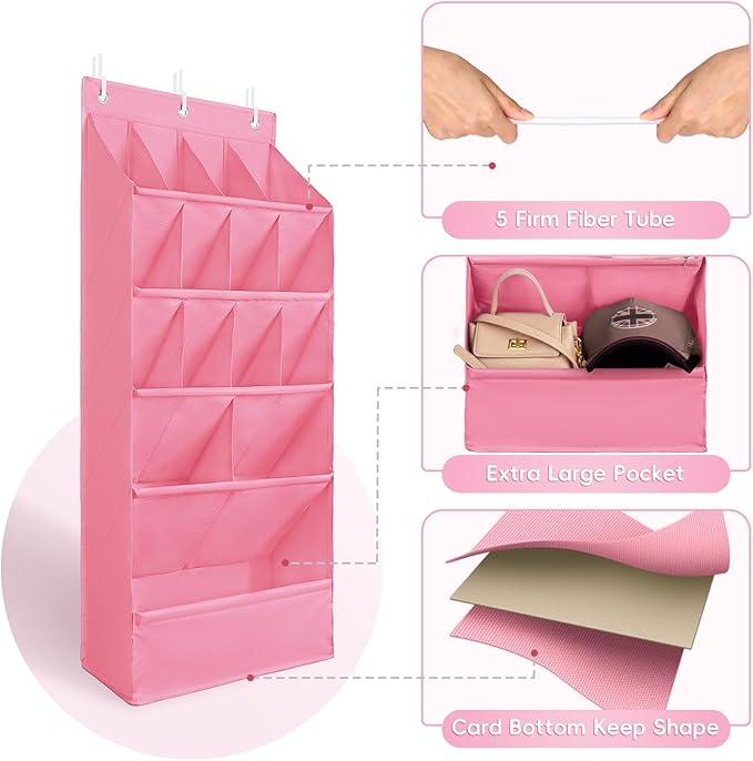 FENTEC 1 Pack Over-the-Door-Shoe-Organizers, Hanging Shoe Organizers with Large Pocket Shoe Holder Hanging Shoe Rack for Closet Shoe Organizer for Wall, Over Door Organizer with 15 Pockets Pink
