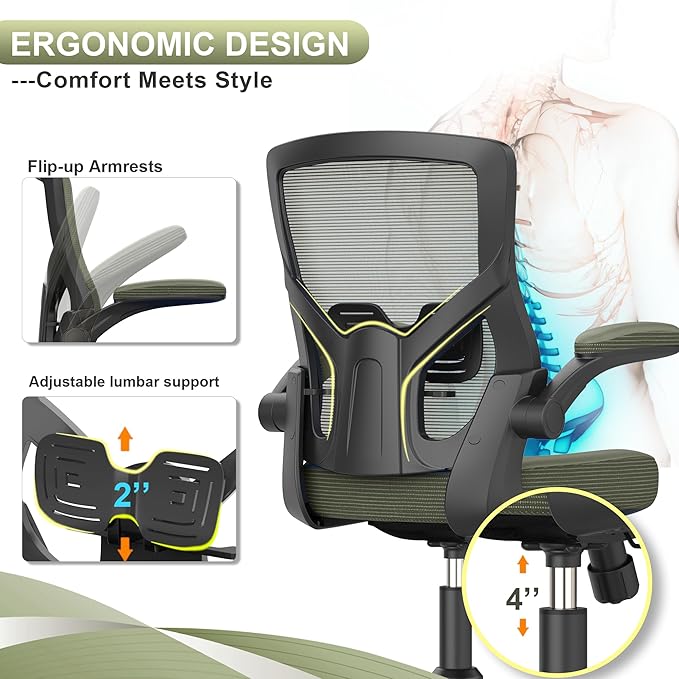 Office Chair, High Back Desk Chair Adjustable Height and Ergonomic Design Home Office Computer Chair Executive Lumbar Support Padded Flip-up Armrest Swivel Task Chair