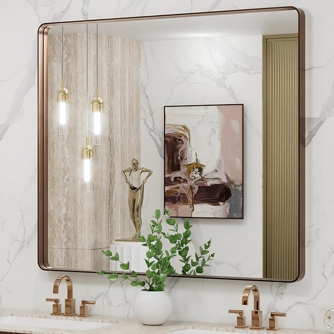 LOAAO 40”X36” Bronze Bathroom Mirrors for Vanity, Rounded Rectangle Brushed Bronze Metal Frame Mirror, Anti-Rust, Tempered Glass, Hangs Horizontally or Vertically