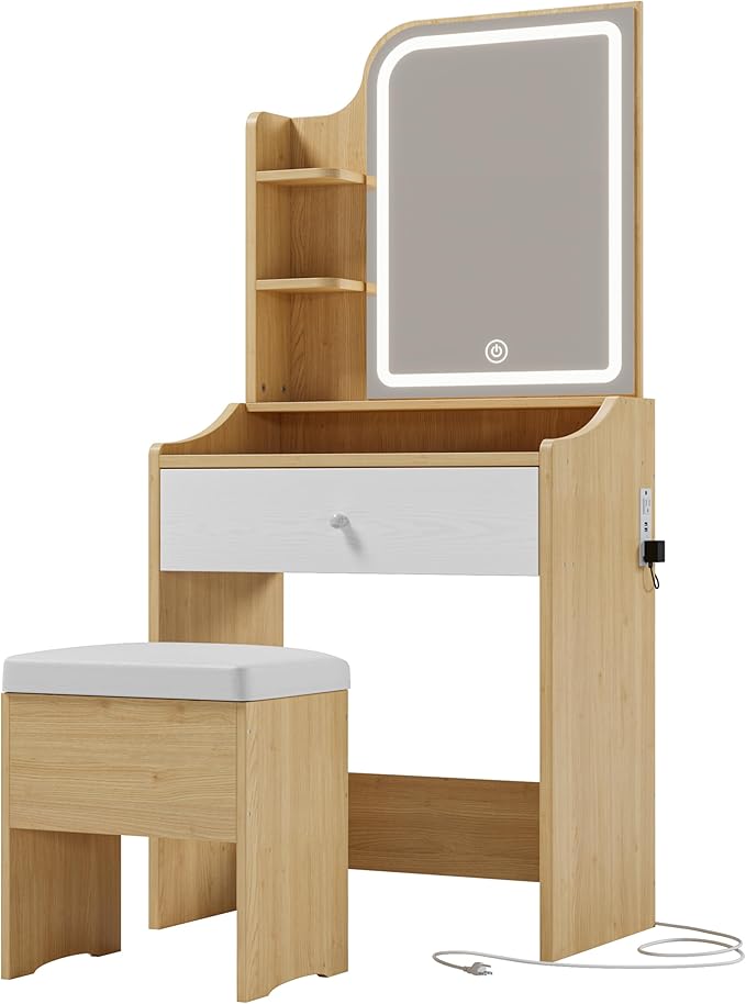 LIKIMIO Small Makeup Vanity Desk with Mirror and Lights, Vanity Table Set with Storage Drawer, Chair and Three Shelves, Bedroom, Wood