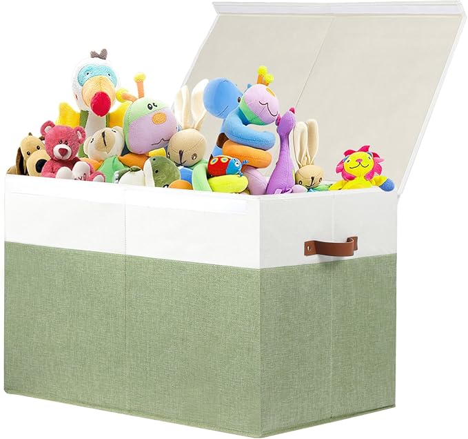 Large Toy Storage Box with Lid, Sturdy Toys Storage Chest Bin Organizer Basket with Dividers for Kids, Boys, Girls, Nursery, Closet, Bedroom, Playroom 26"x17" x17" (Green and White)