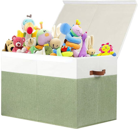 Large Toy Storage Box with Lid, Sturdy Toys Storage Chest Bin Organizer Basket with Dividers for Kids, Boys, Girls, Nursery, Closet, Bedroom, Playroom 26"x17" x17" (Green and White)