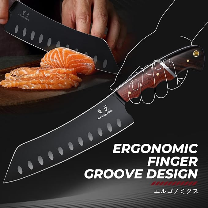 Santoku Knife 7 Inch - Japanese Chef Knife for Fish, Bunka Knife for Meat, Kiritsuke Knife for Vegetables, Black Slicing Knives with Full Tang Handle, Gift for Men Women