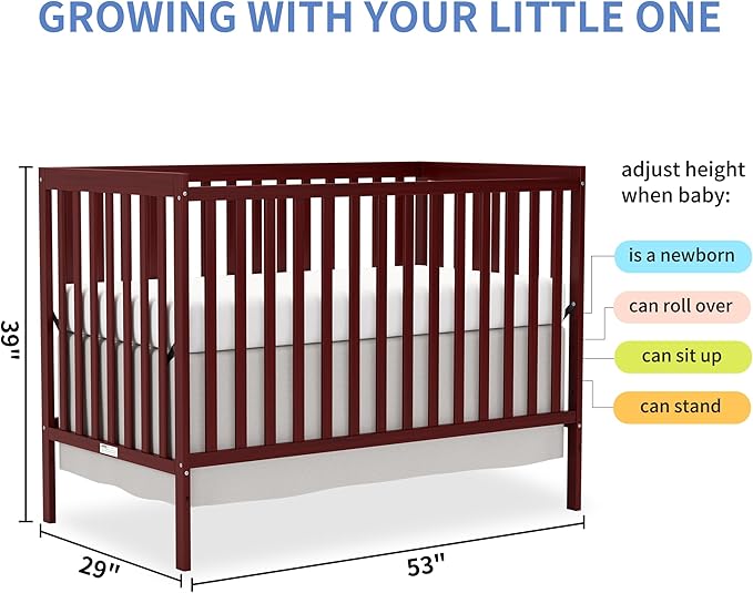 Baby Crib 5-in-1 Convertible, Wooden Nursery Cribs Converts to Toddler Bed, Daybed and Full Size Bed, 3 Adjustable Base, Non-Toxic Finish (Cherry)