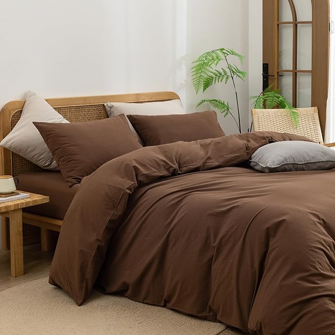 BESTOUCH Duvet Cover Set 100% Washed Cotton Linen Feel Super Soft Comfortable Chic Lightweight 3 PCs Home Bedding Set Solid Cocoa Brown Super King Plus