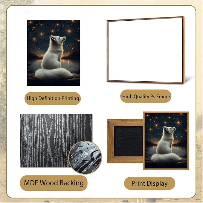 Djmwtb Framed Vintage Wall Art, White Fox Wall Decor,Starry Night Landscape Paintings for Bedroom, Woodland Animal Canvas Pictures Artwork Prints for Living Room 16x24in