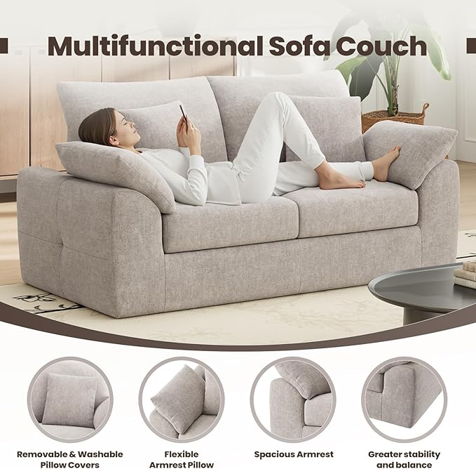 76" Boneless Loveseat Sofa, Cloud Foam Couch, 3 Seater Upholstered Midcentury Mondern Love Seat, Wide Armrest and 4 Pillows for Home Living Room/Small Spaces, No Assembly Required, Camel