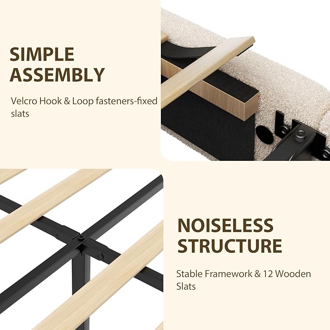 Queen Bed Frame, Teddy Velvet Boucle Bed Frame with 43.3"/45.3" Adjustable Upholstered Headboard, Rounded Corners, Mattress Foundation, No Box Spring Required, Beige