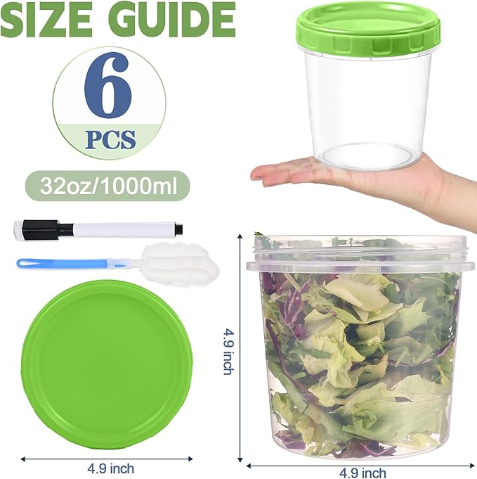 32 oz Plastic Containers with Lids, 6 Pack Stackable Freezer Soup Container, Reusable Clear Food Storage Meal Prep Containers for Snack Fruit, Microwave & Dishwasher Safe, with Pen & Brush