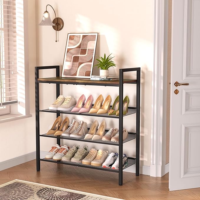 Shoe Rack for Front Door Entrance, 4 Tier Shoe Rack for Entryway, 12-16 Pairs of Shoes, Metal Shoe Rack Organizer, Free Standing Shoe Rack for Closet (Black+Rustic Brown)