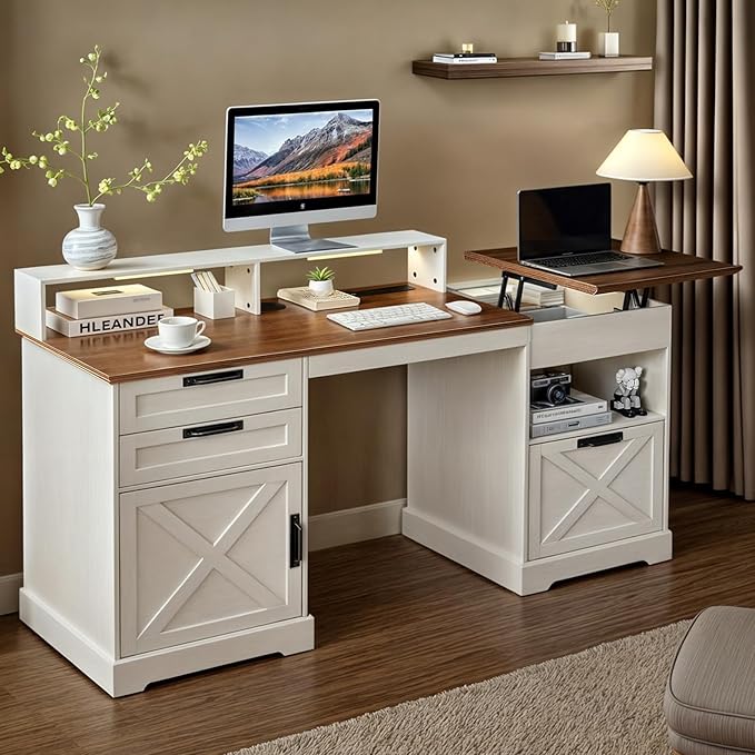 63" Executive Desk, Home Office Desk with Lift Top, Farmhouse Gaming Desk with File Drawer, Charging Station, Sensor Lights Wood Computer Table with Monitor Stand (White)