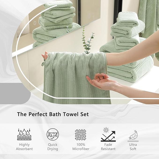 18 Piece Bath Towels Set,Super Soft Family Bathroom Towel Set with Hanging Loops-6 Bath Towels,6 Hand Towels,6 Washcloths,Highly Absorbent Quick Dry Shower Towel for Bathroom,Hotel,Spa-Green Towel Set